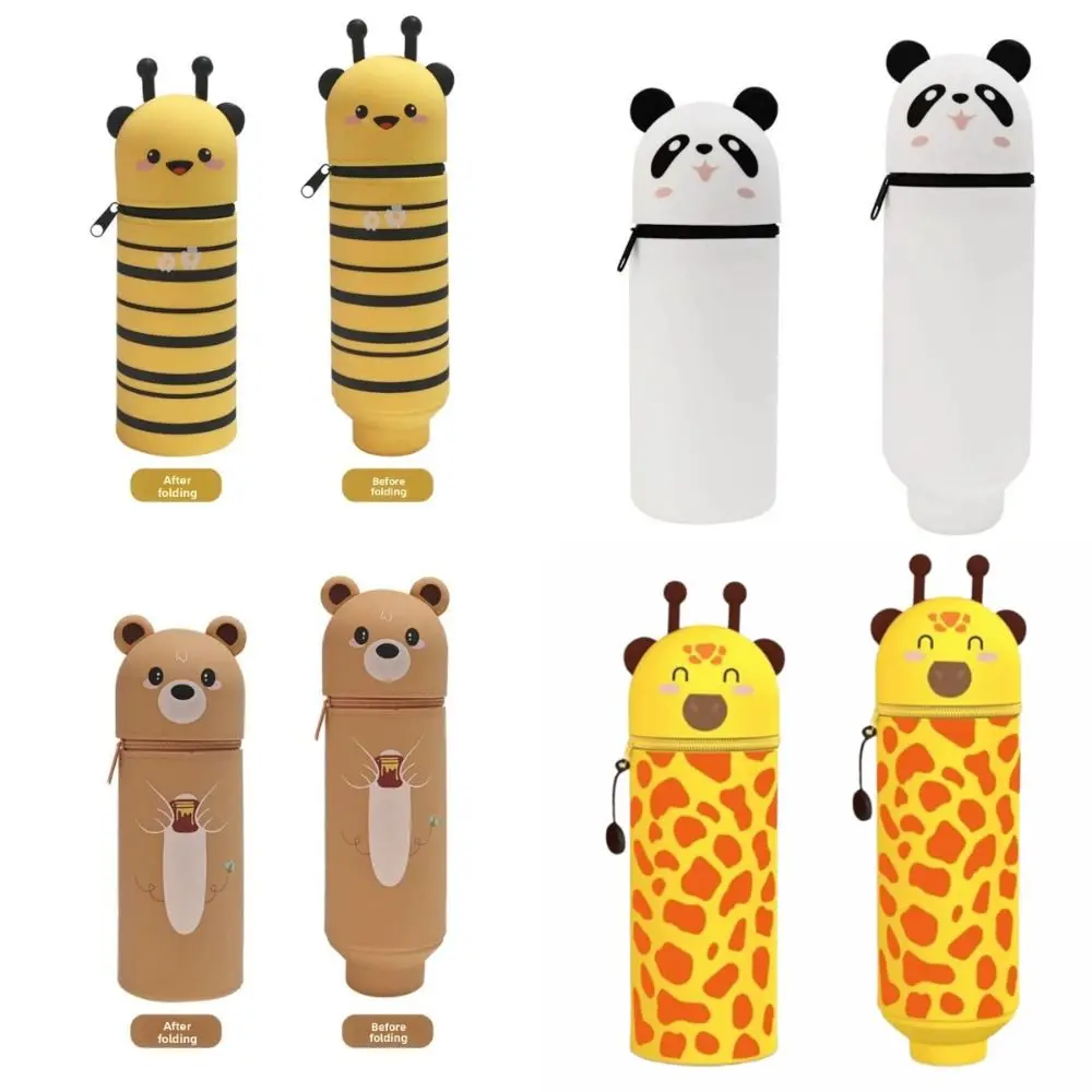 1pc Cute Foldable Pencil Case Animal Shape Dirt Resistant Pen Container Broken-resistant Silicone Animal Pencil Case School Use
