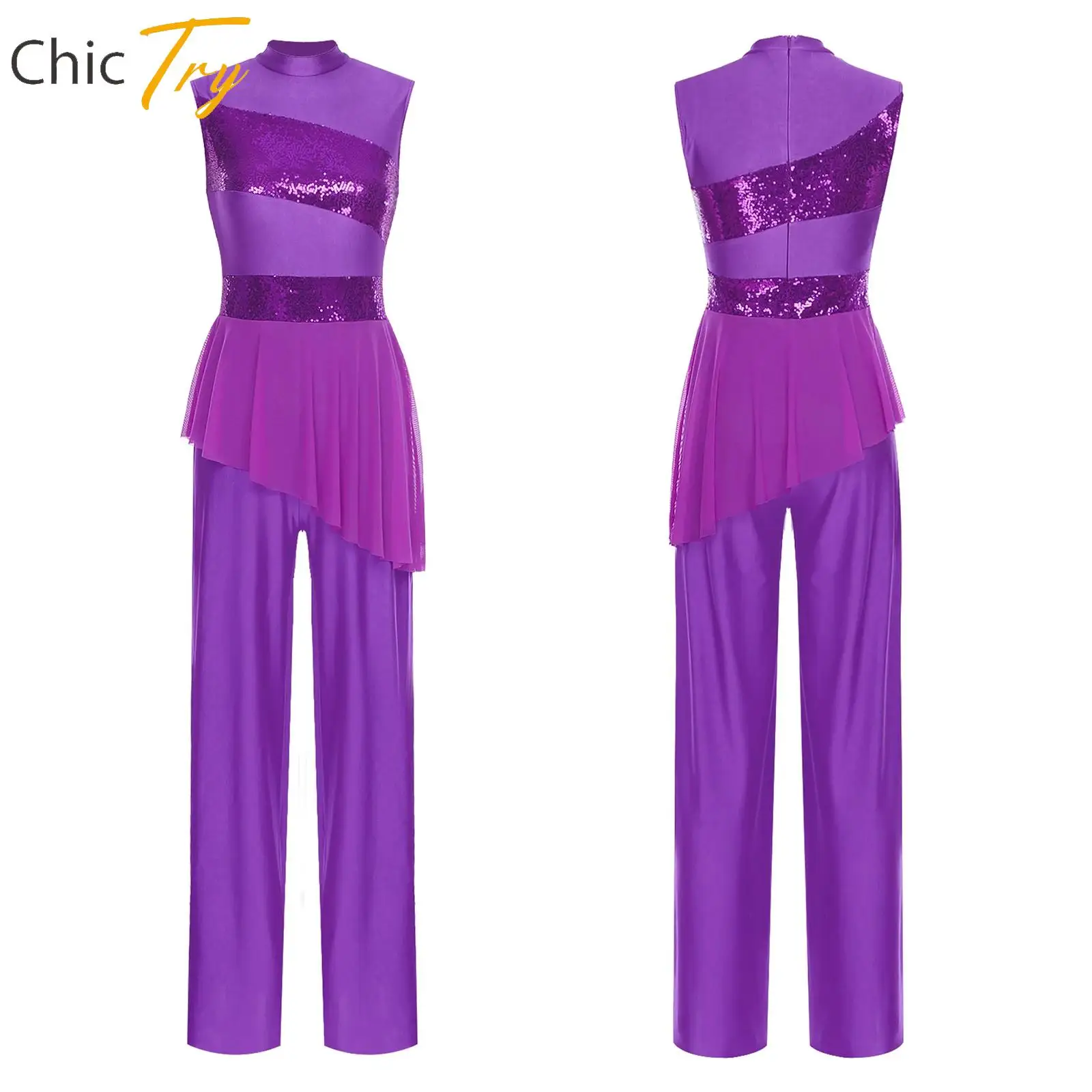 

New Style Womens Lyrical Dance Costume Contemporary Performance Party Costumes Sleeveless Sequined with Asymmetric Mesh Jumpsuit