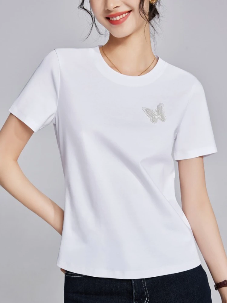Women's Butterfly Embroidery Liquid Mercerized Cotton T-Shirt Summer 2025 Slim Fit Round Neck Cooling Casual Top Short Sleeve