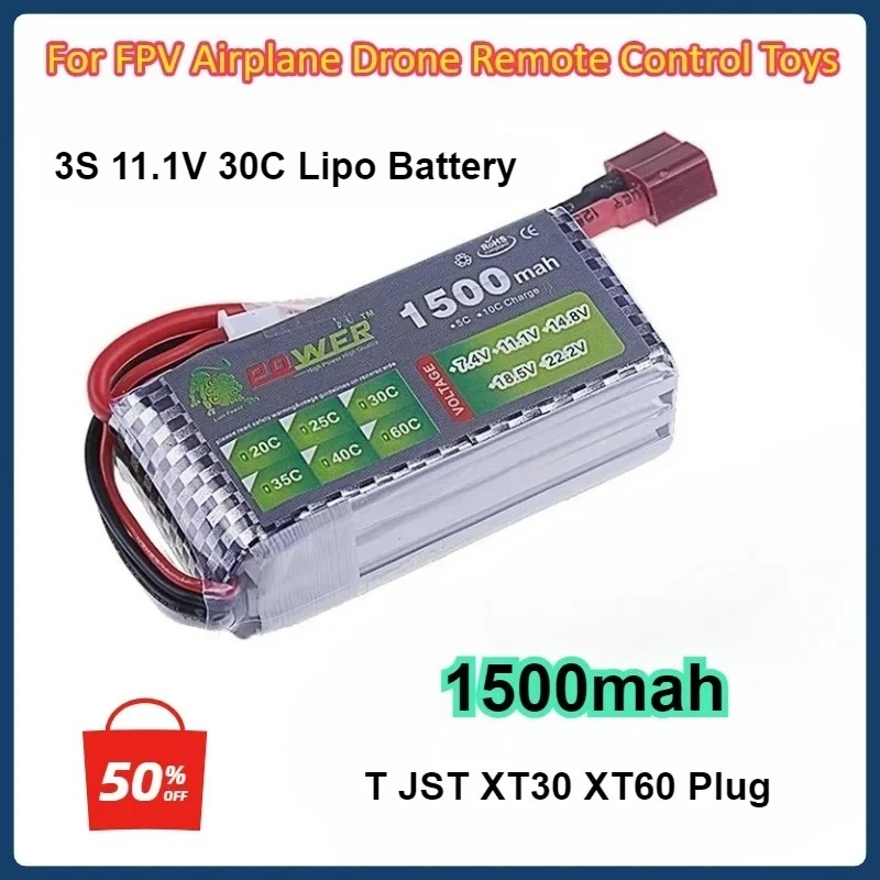 

3S 11.1V Lipo Battery 1500mAh 30C With Deans T JST XT30 XT60 Plug For FPV Airplane Drone Remote Control Toys
