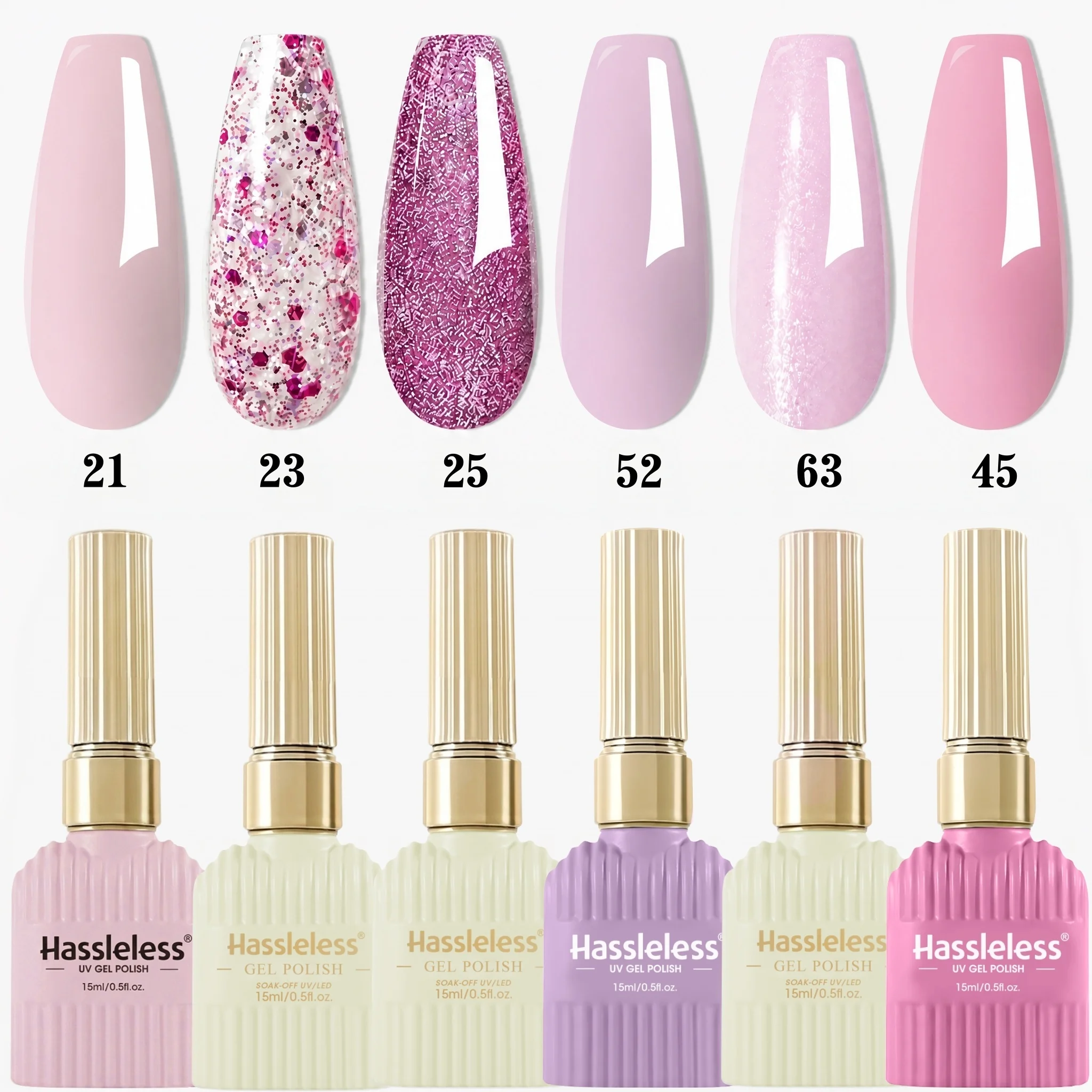Hassleless 6Pcs Nude Pink Solid Color, Pink-Toned Gemstone Large Glitter, Purple-Toned Fine Glitter, Light Purple, Light Pink Shimmer, Peach Pink Solid Color, Solid Color Paired with Two Different Texture Glitter Piece