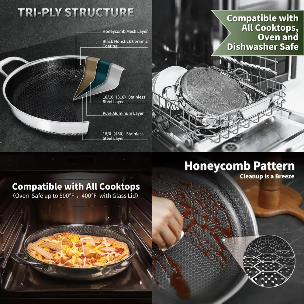 Sartén Paella multifuncional de acero inoxidable de 12 pulgadas con tapa y dos asas, apta para lavavajillas y horno