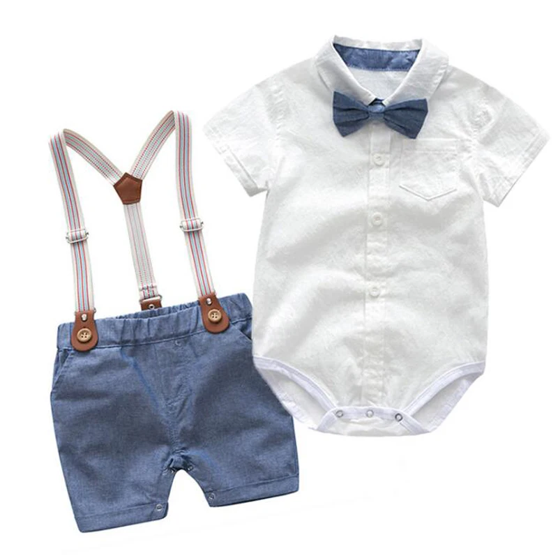 

Newborn Baby Boy Bow Formal Romper Clothes Suits Gentleman Party Suit Soft Cotton Jumpsuit + Suspender Pants Infant Toddler Set