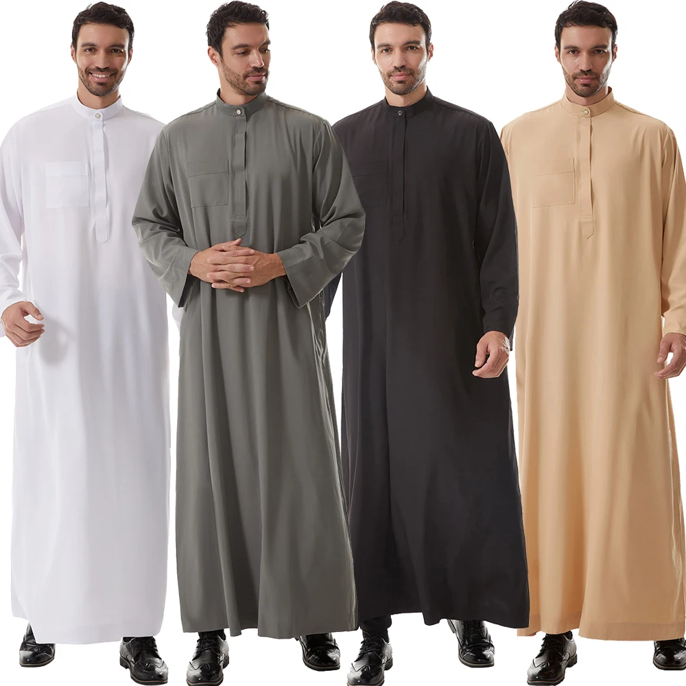 Lebaran Ramadan Muslim pria Jubba Thobe ritsleting jubah panjang pakaian Islami Saudi Kaftan Dubai gaun Arab Djellaba baju makan