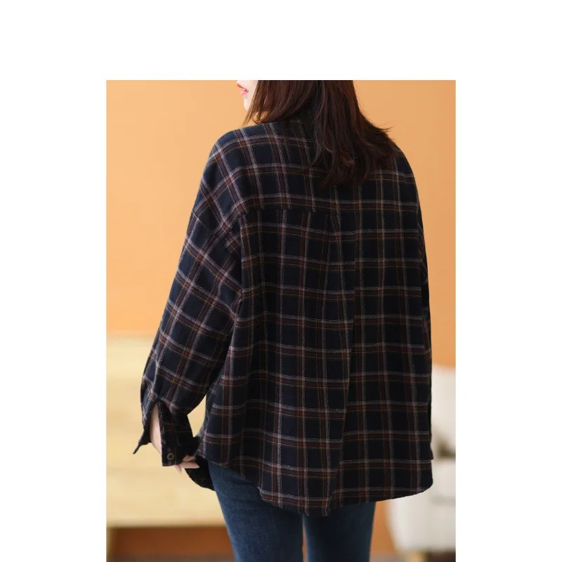 Women's New Spliced POLO Collar Button Plaid Fashion Loose and Versatile Casual Long-sleeved Shirt
