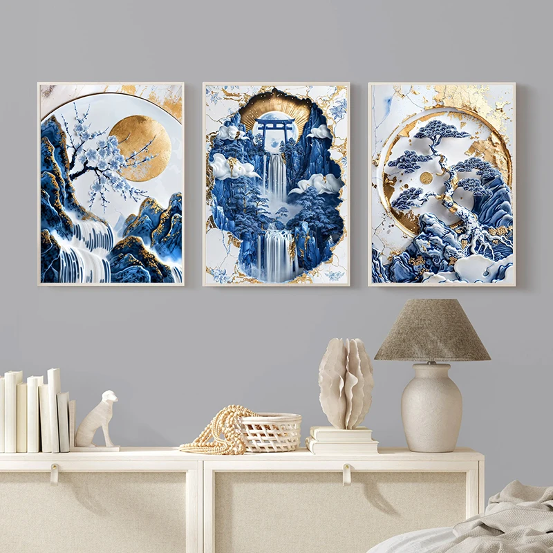 Retro Abstract Blue and White Porcelain Landscape Mountains and Rivers Canvas Printing Home Wall Decoration Frameless Painting