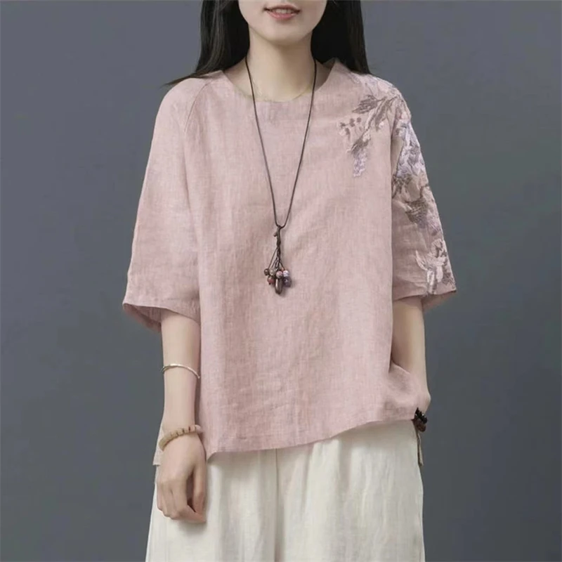 Women Summer Vintage Embroidery Chinese Ethnic Style Cotton Linen T-shirt Simple Casual Round Neck Half Sleeve Solid Loose Tops