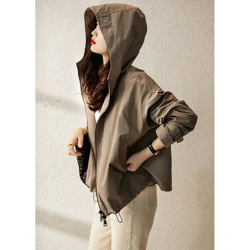 

Spring Autumn Women's Solid Color Hooded Zipper Windbreaker Coat Loose Short Jacket