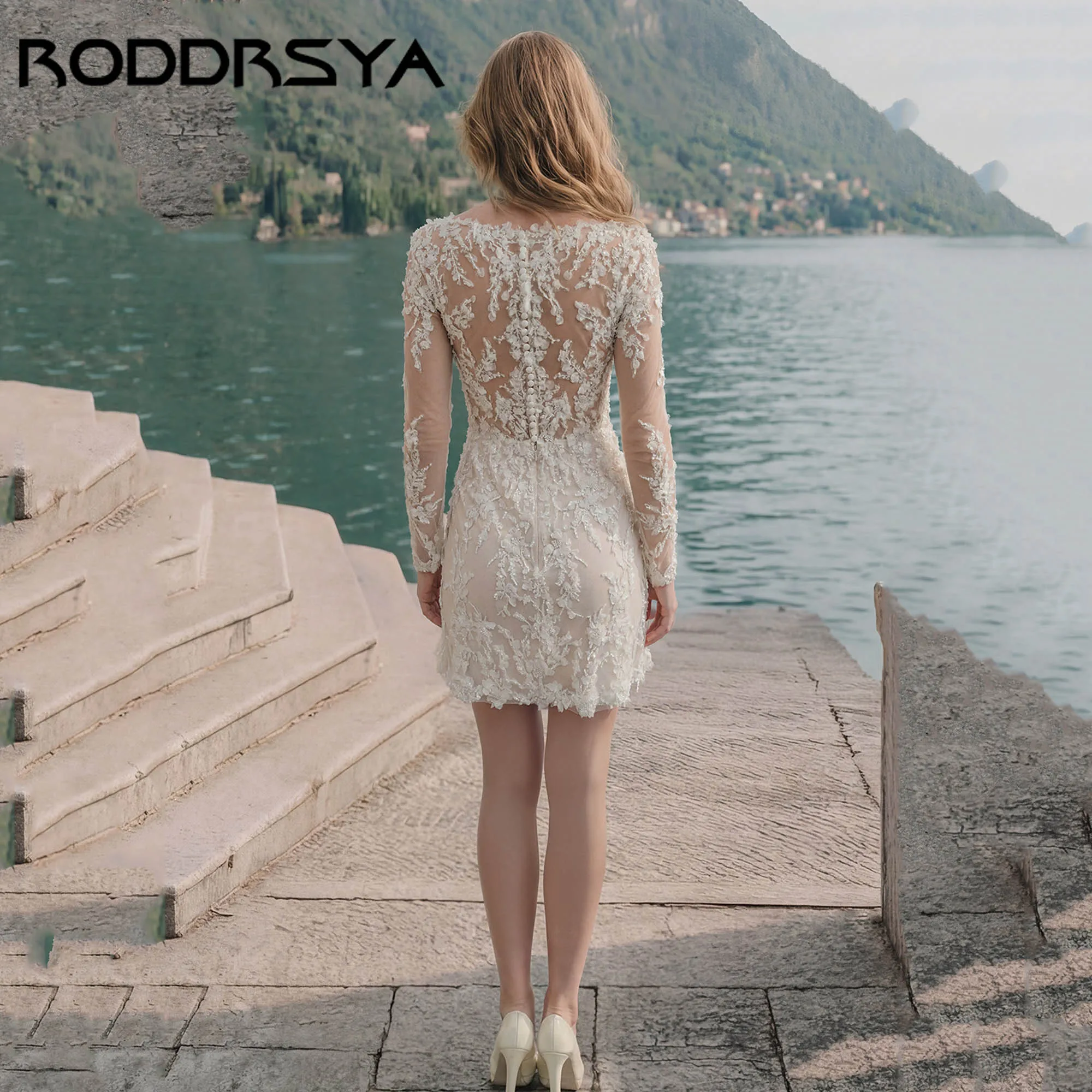 RODDRSYA Mini Long Sleeves Wedding Reception Dress V-neck Sheath Tulle Party Gowns Luxury Appliques vestidos de novia	customized