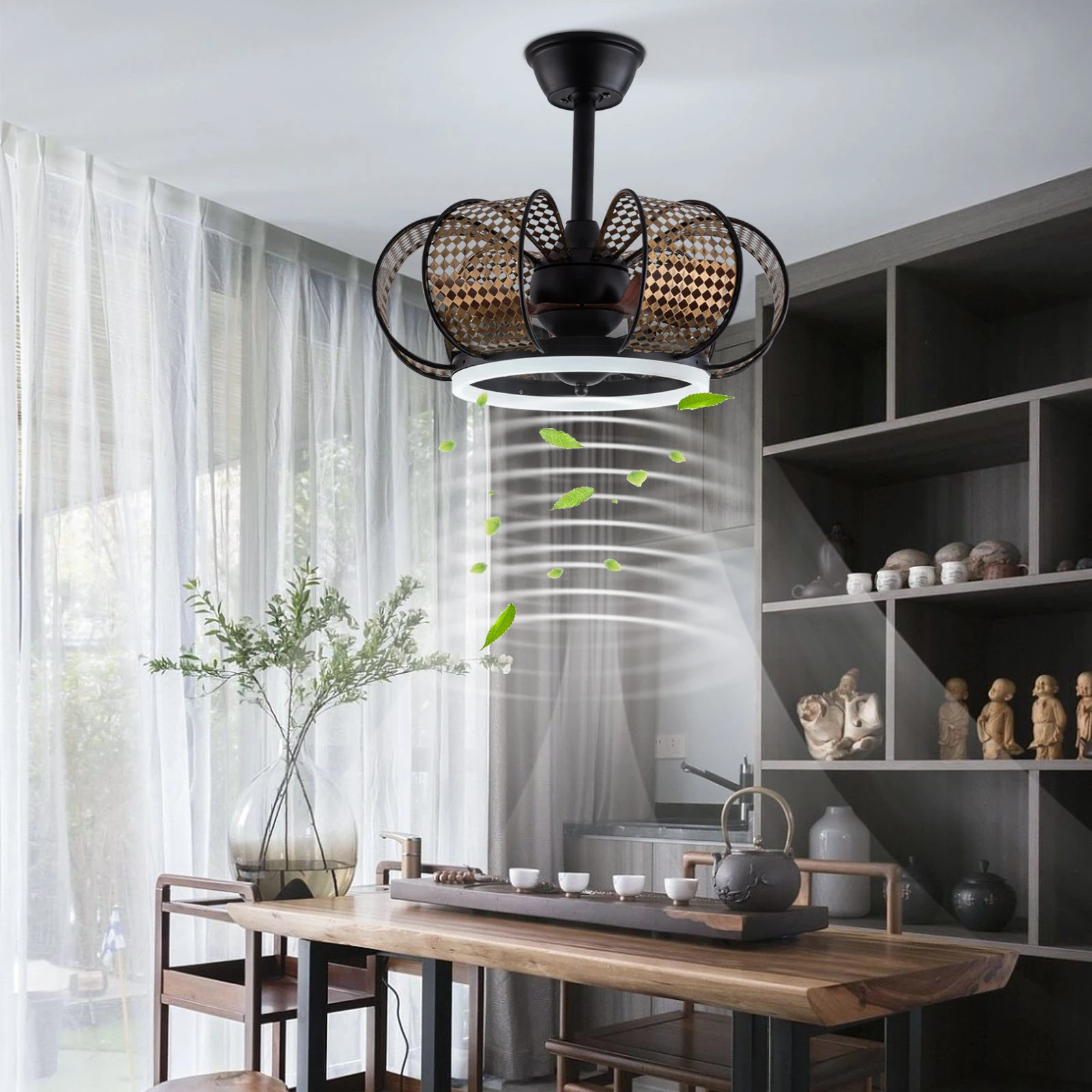 

19-дюймовый потолочный вентилятор в стиле фермерского дома с дистанционным управлением освещением, подвесной потолочный вентилятор с подсветкой, черный потолочный светильник-клетка