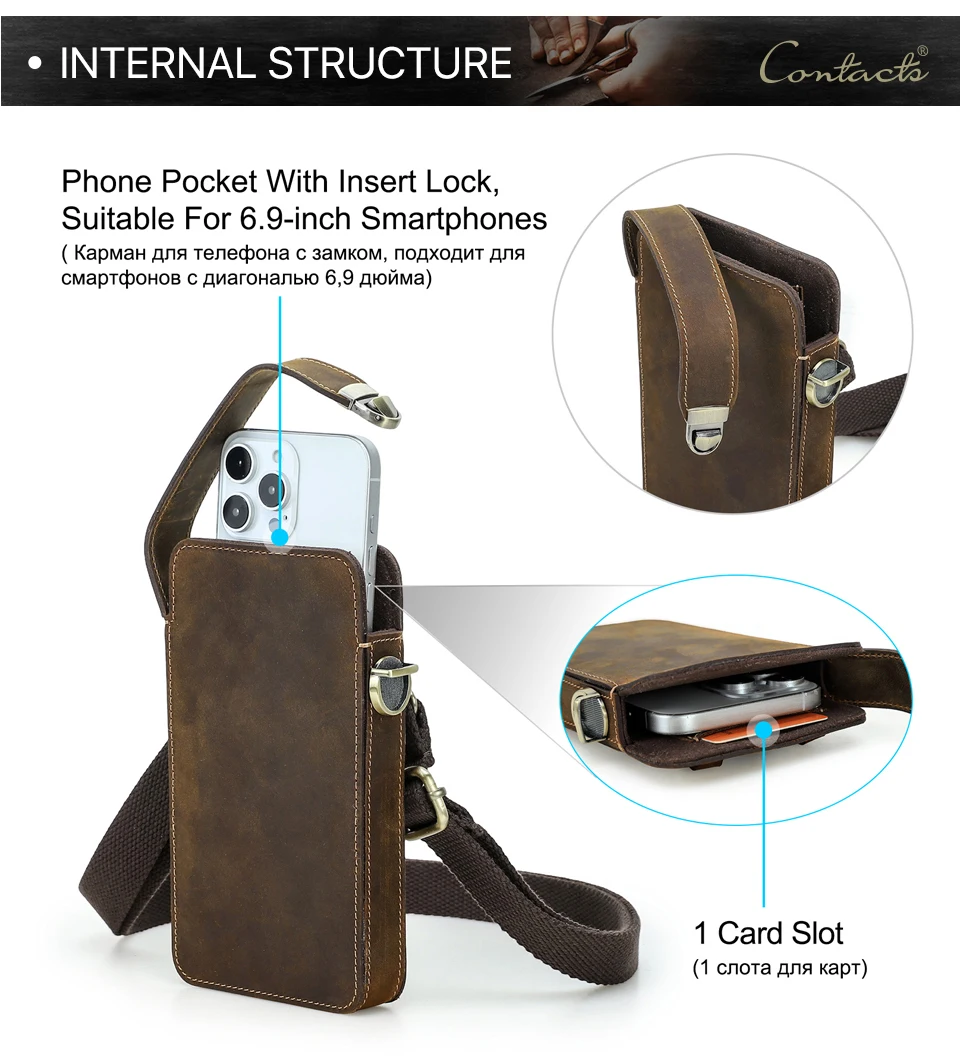 CONTACT'S Echtleder-Umhängetasche für Herren, Vintage-Hüfttasche für Handys, passend für 6,9" iPhone 17 Pro Max, Herren-Reise-Umhängetasche – Detail 7
