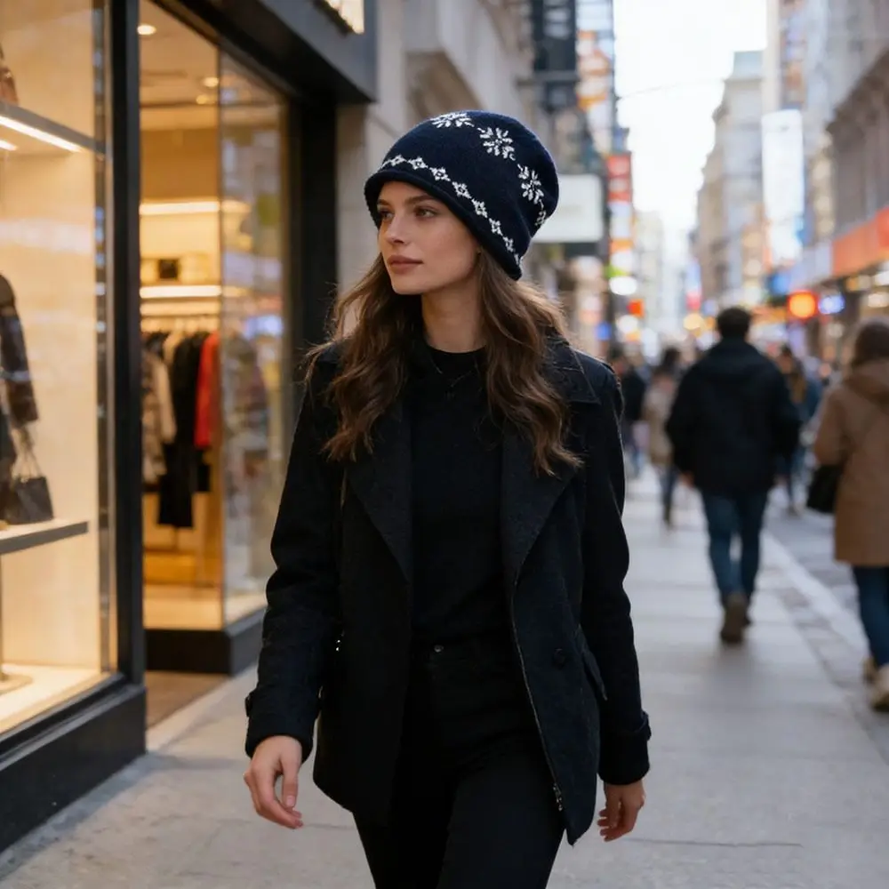 

Retro Knitted Jacquard Knitted Hat Printed Design Warm Beanies Hat Curled Edge Ear Protection Hat