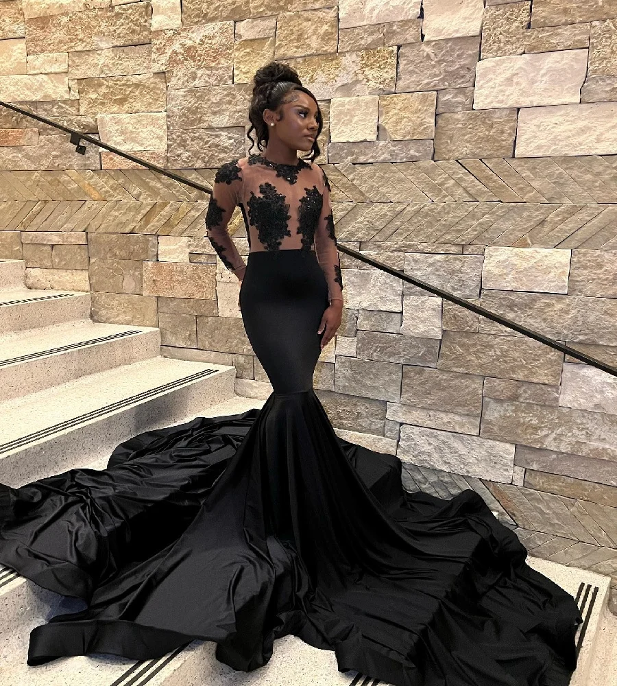 Graceful Black Girls Prom Dress With Lace See Through Mermaid Long Sleeve Evening Dress 2025 Birthday Occasion Party Customized