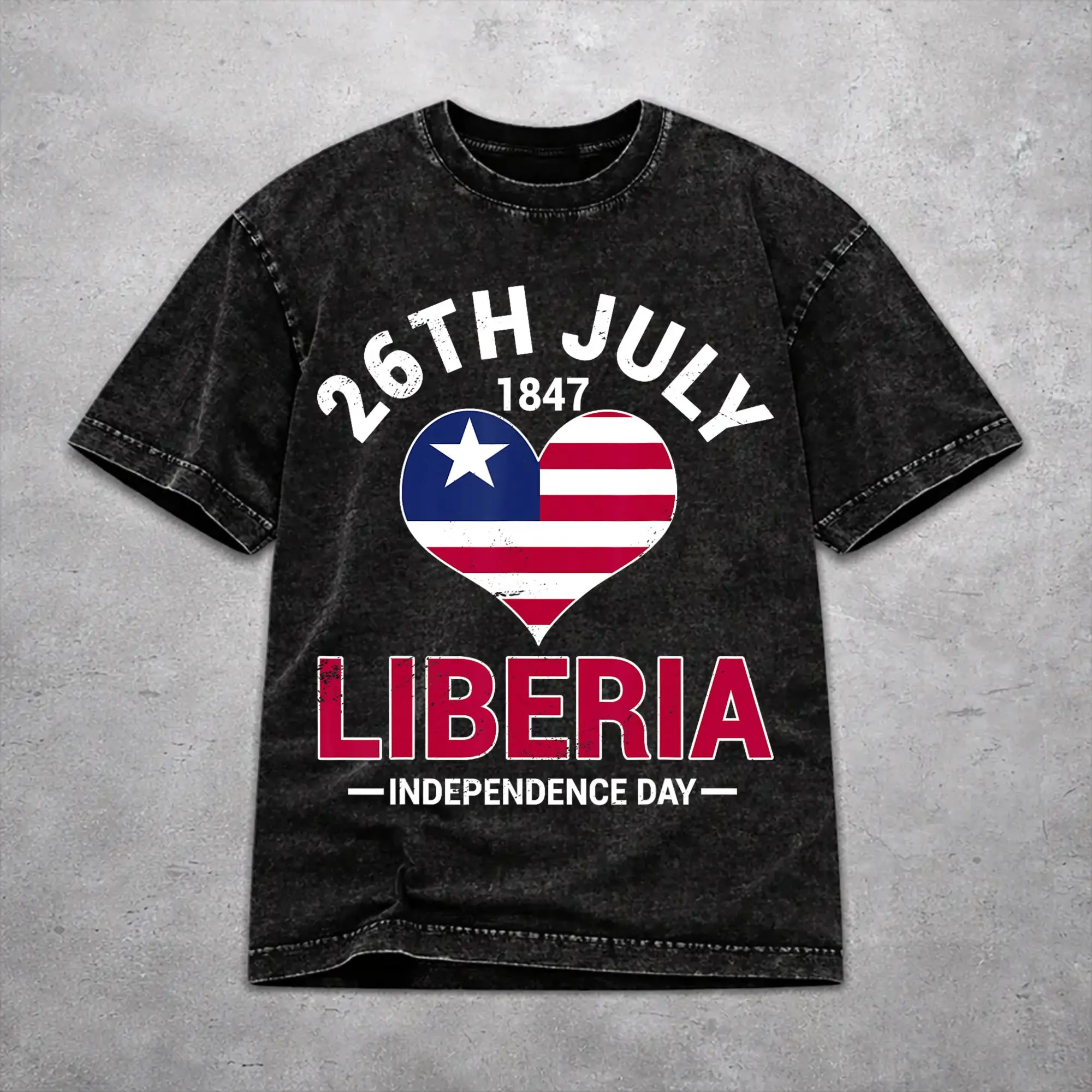 Men Women Harajuku Washed T-shirts Liberia Independence Day Printed T Shirt Accessories High Street  Tees Tops