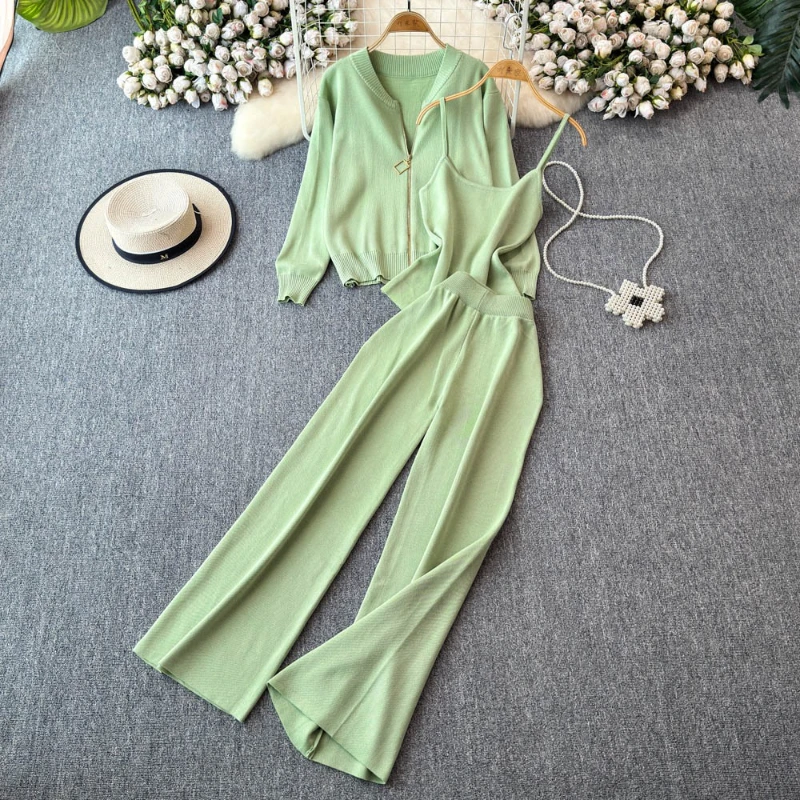 

Winter Casual Knitted Three Pieces Sets Camis V Neck Long Sleeve Coats + Elastic Casual Long Pants Sets Women Matching Sets 2025