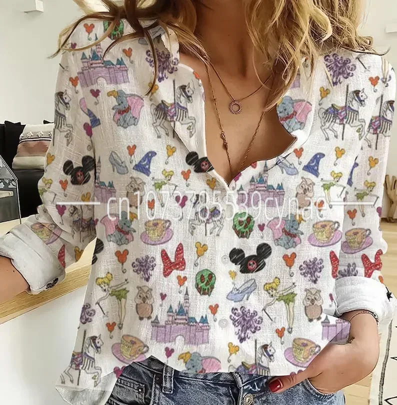 2024 Disney Hawaii Women's Shirt Summer New Button Shirt 3D Print Fashion Casual Y2K Women's T-Shirt