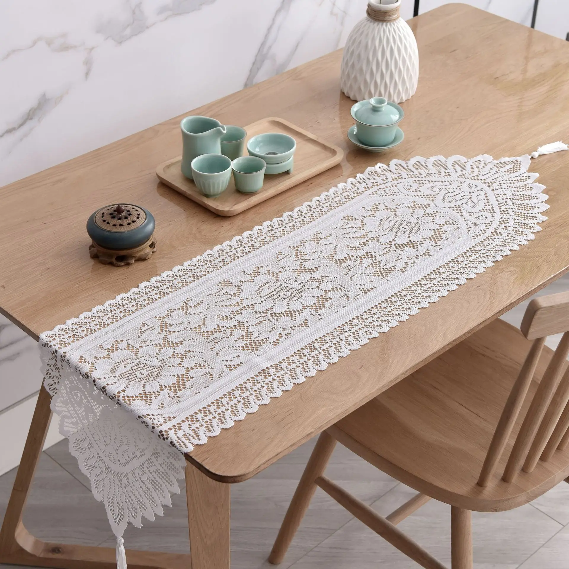 Vintage Countryside Crochet Knitting Hollow Dining Table Cloth Lace Embroidery Tassel Table Flag 테이블보