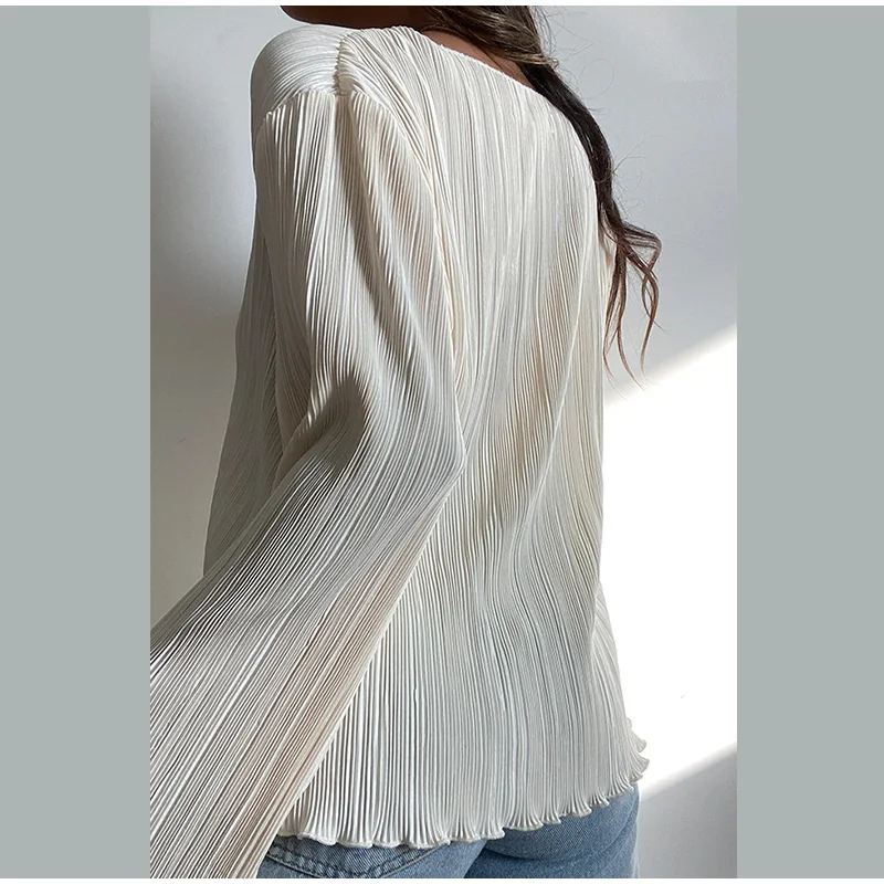 Women Elegant Tie Up Cardigan V Neck Long Flare Sleeve Pleated Shirt Summer Ladies Temperament Crop Tops Blouse Y2k Streetwear