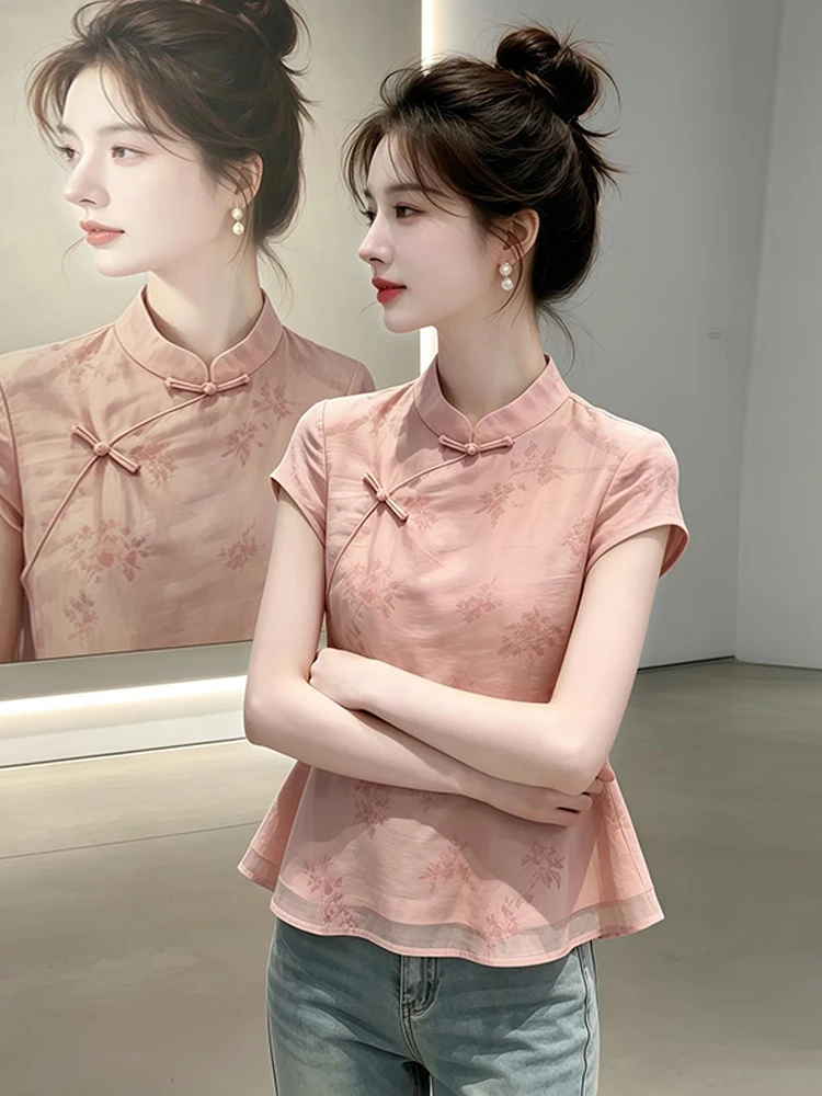 

Slimming New Chinese Style Stand Collar Short Sleeve Women's Top Fashionable Versatile Summer Casual Loose Fit Color
