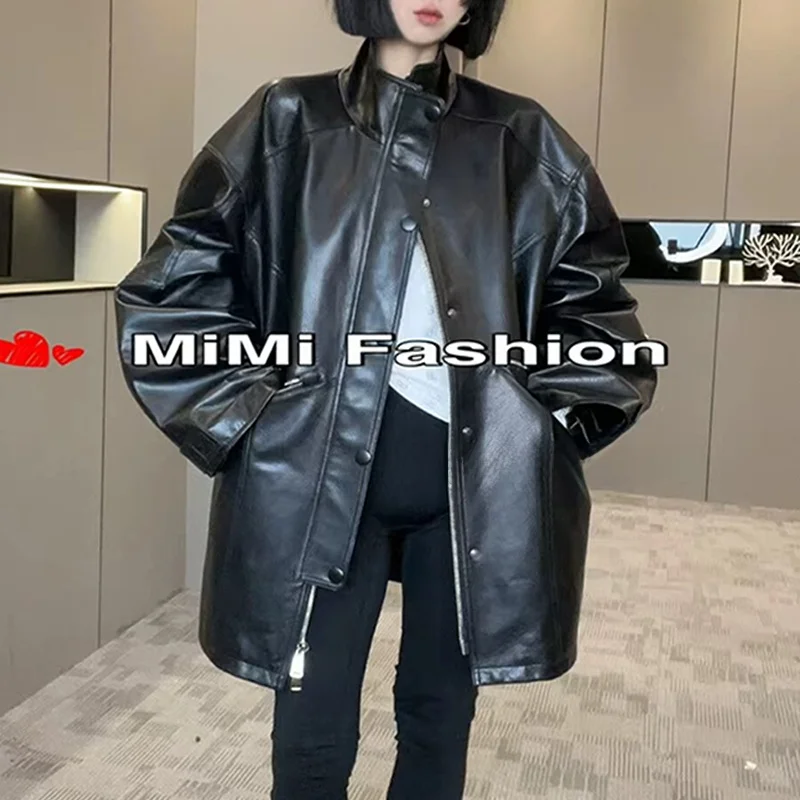 

Женское пальто из натуральной овчины, весна 2025, свободного кроя, средней длины, с воротником-стойкой, длинными рукавами и застежкой-молнией