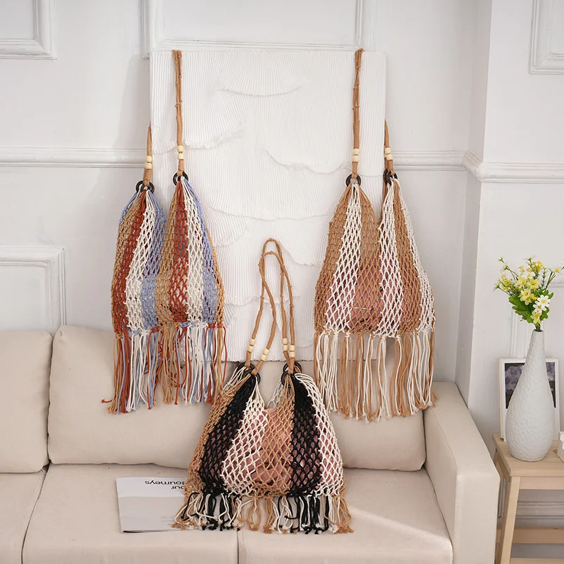 Bohemian Primitive Tribal Style Cotton Thread Tassel Open Mouth Straw Woven Bag Single Shoulder Diagonal Cross Woven Bag Leisure