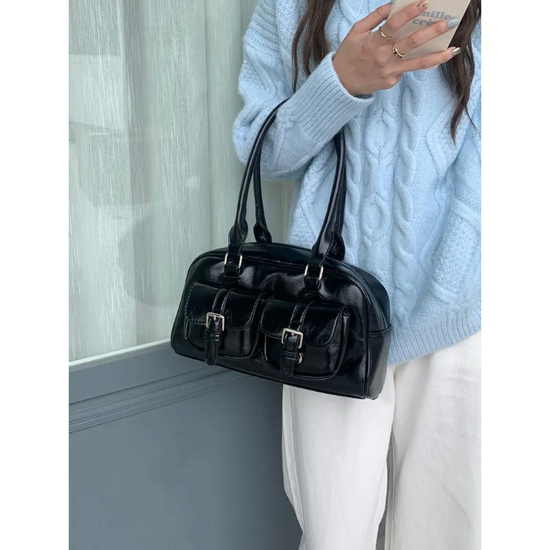 Новинка 2024 года, большая вместительная корейская сумка для боулинга с двойным карманом в стиле ретро, модная сумка для пригородных поездок под мышками