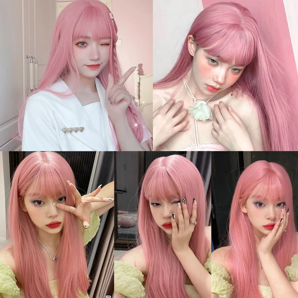 Pink Anime Cosplay Hair Wig with Bangs for Women Long Silky Straight Pink Synthetic Wigs for Girls Party Halloween Daily Use