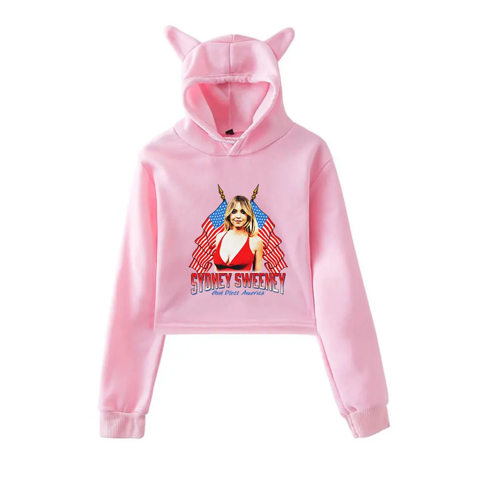 Sydney Sweeney Merch Vintage Lata 90. Streetwear Logo Bluza z Kapturem Bluzy Damskie z Kocimi Uszkami Krótka Modna Sportowa Bluza
