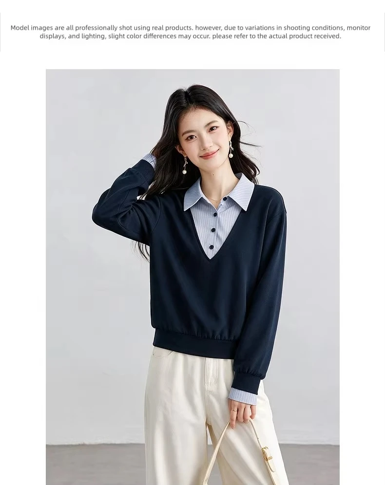 VIMLY Fake Two-piece Striped Collar Sweatshirt for Women 2026 Autumn Coffee Color Commute Casual Loose-fit Female Pullover A7577