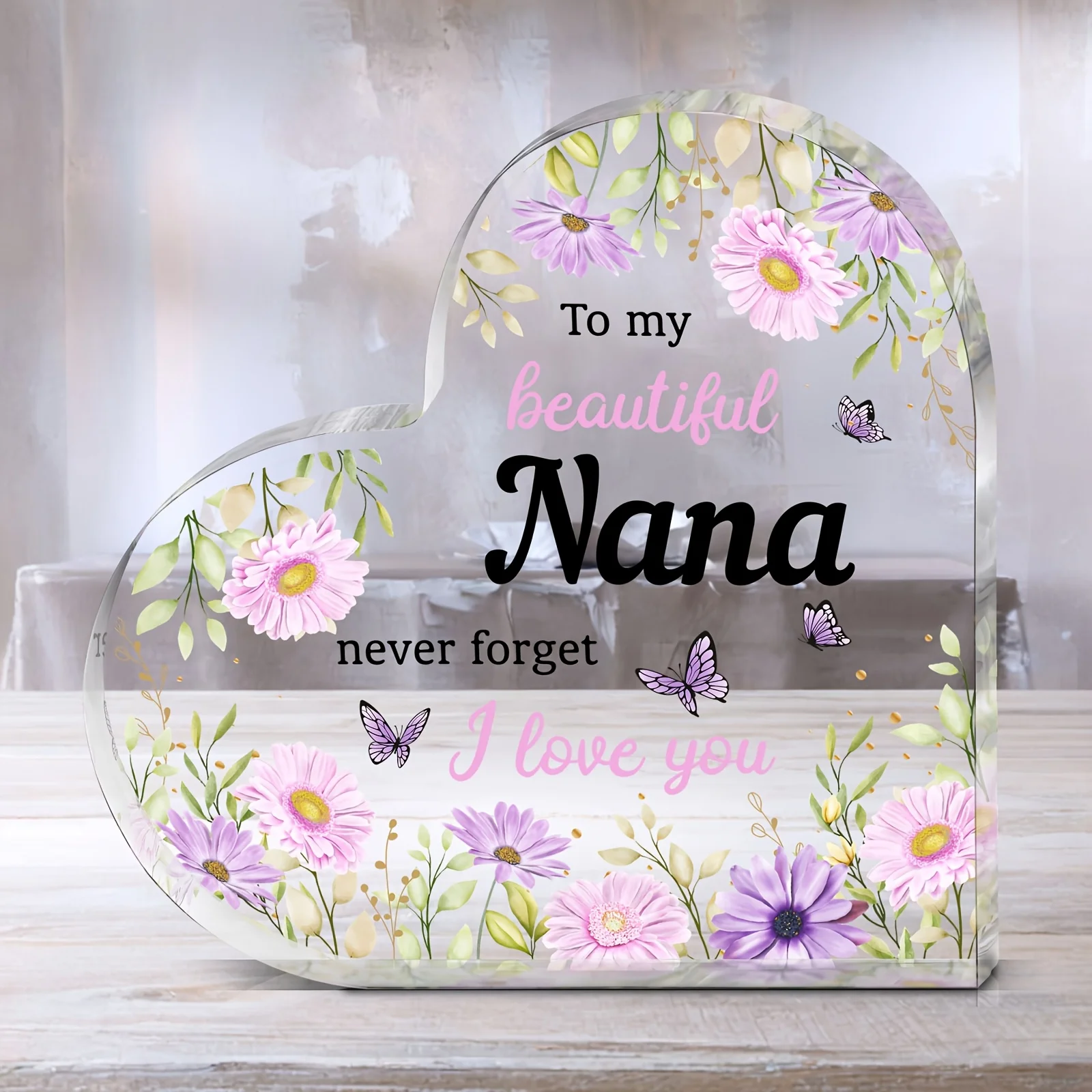 Watercolor Pink Purple Floral Butterfly Heart‑Shaped Acrylic Ornament, Sentimental Birthday Holiday Present for Nana