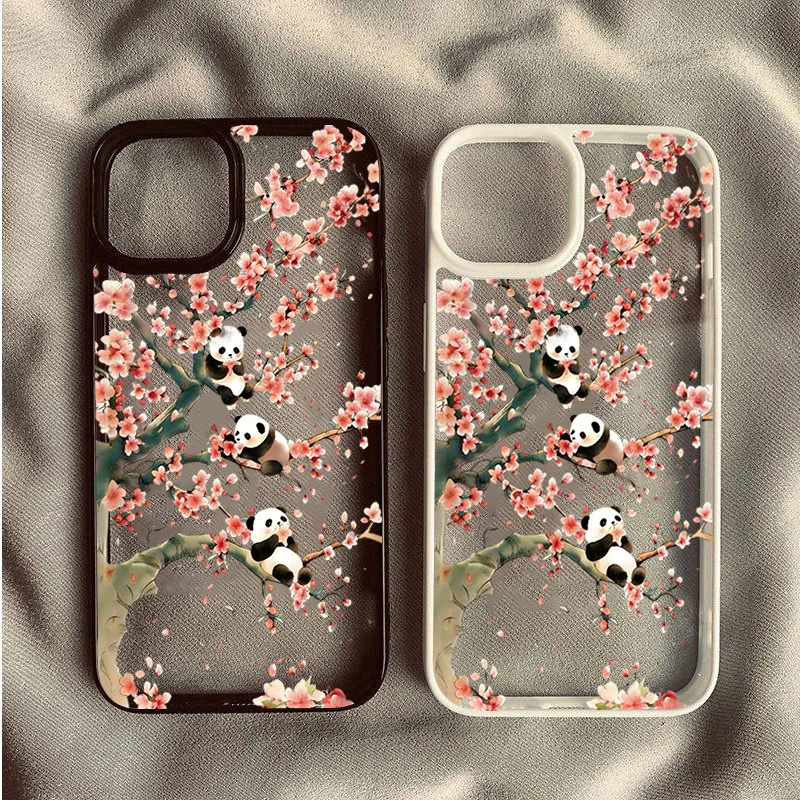 Cute Panda Cherry Blossom Case for iPhone 17 16 15 14 13 11 12 Pro Max Air 16E X XR XS Max 7 8 Plus SE 2022 TPU Protective Cover
