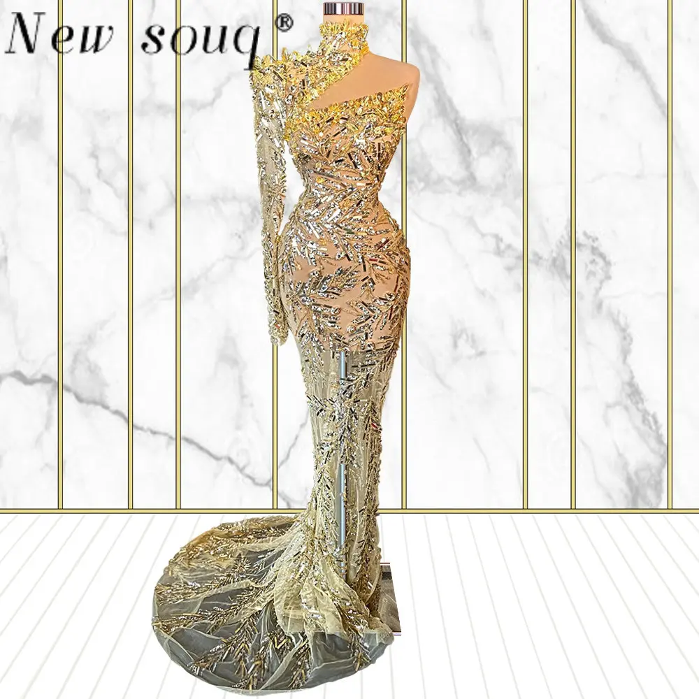 

Sparkly Crystals One Shoulder Yellow Dubai Evening Dresses 2023 Sexy Illusion Formal Mermaid Ladies Gowns For Special Occasions