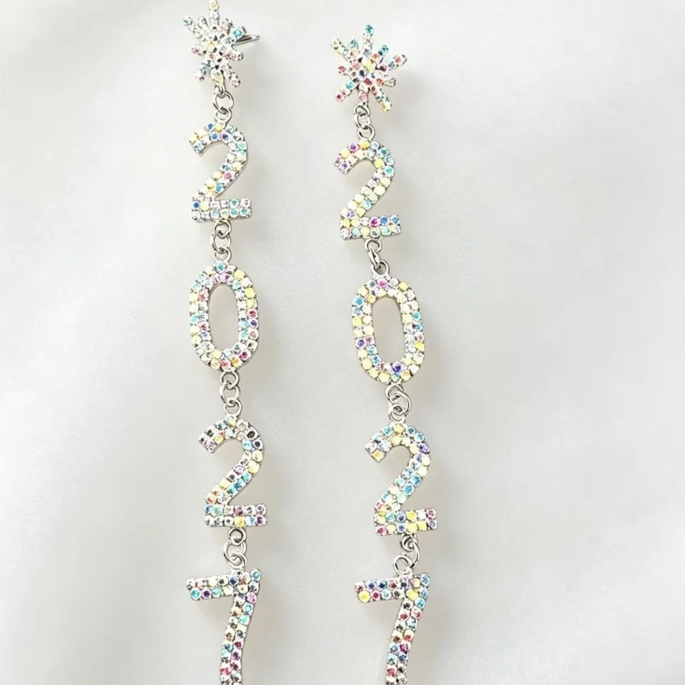 1 Pair/Set Elegant 2027 Long Drop Earring Fashion Temperament 2027 Digital Earrings All-Match Rhinestone