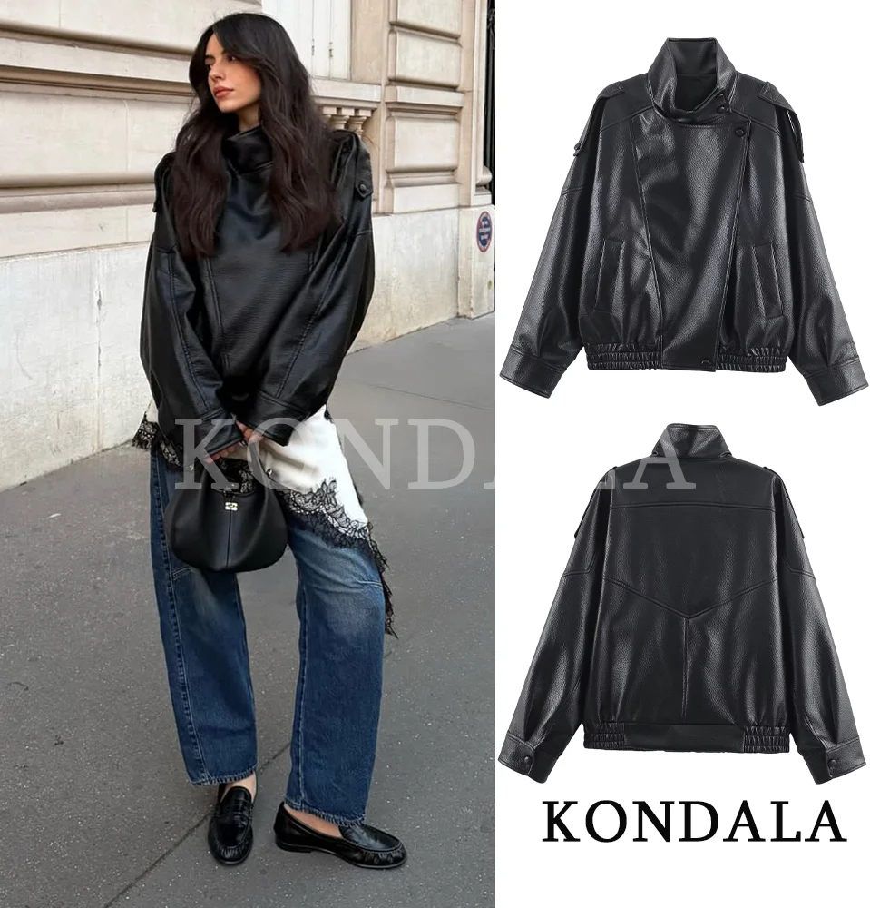 

KONDALA Trendy Vintage Leather Jacket Women Fall Winter High Street Faux PU Stand Collar Jacket 2026 Fashion Loose Zipper Jacket