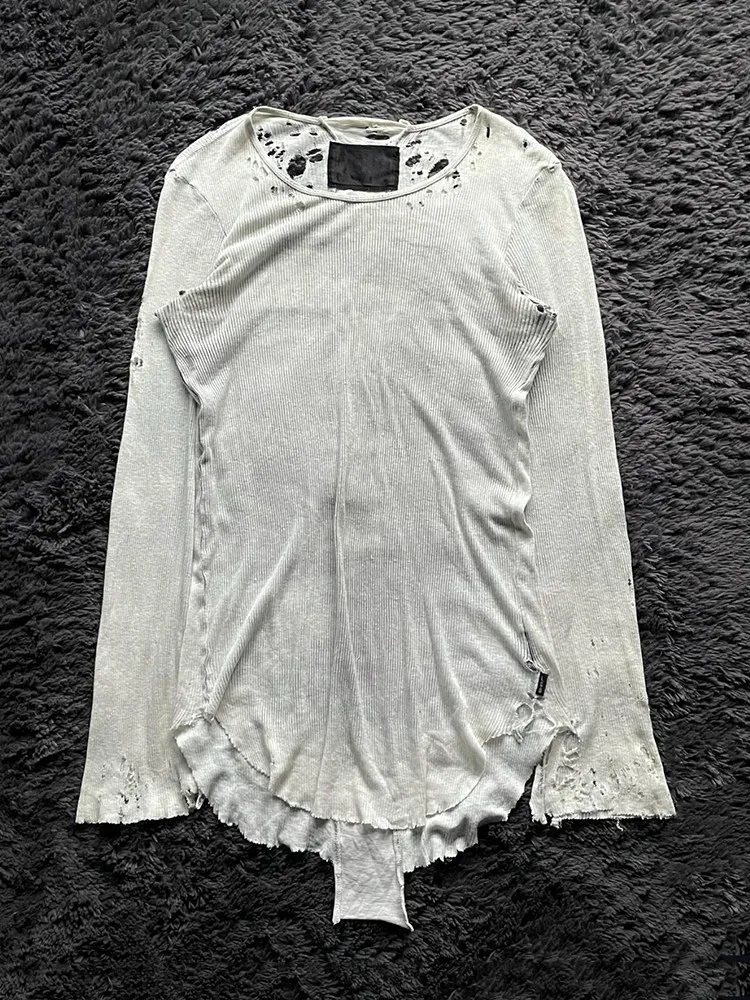 FANTASTION LGB Visual Series Avant-Garde Rock Series Vintage Distressed Hole-Cut Cross-Patchwork Gothic Long-Sleeve Top