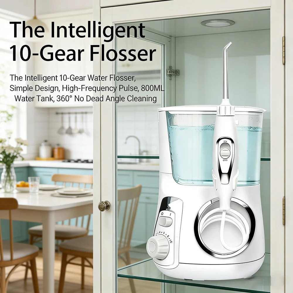 Electric Teeth Cleaning Irrigator 10 Modes 5 Nozzles 800ML Water Tank Desktop Flosser Fresh Breath Care