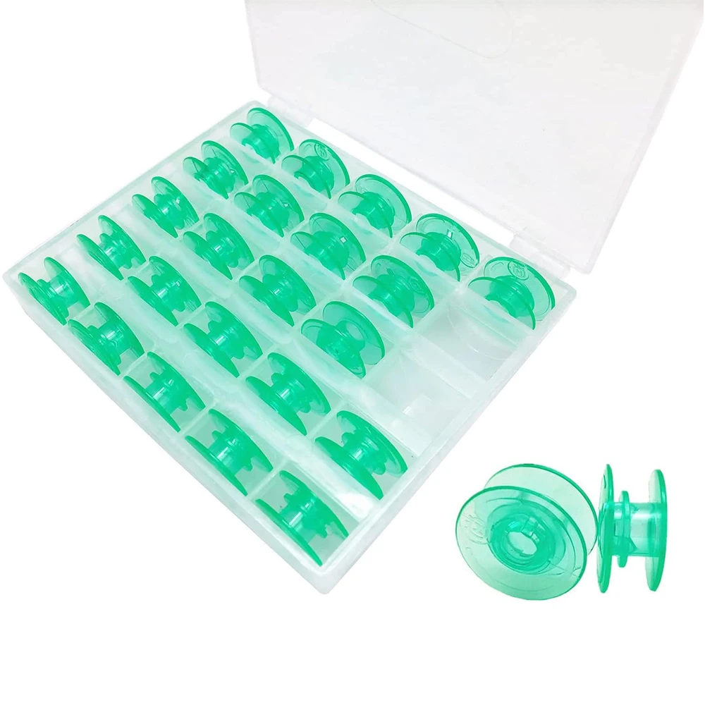 25Pcs/Box Green Plastic Bobbins with Thread Hole For Sewing Machine Parts Come with Case Storage Box Craft Accessories