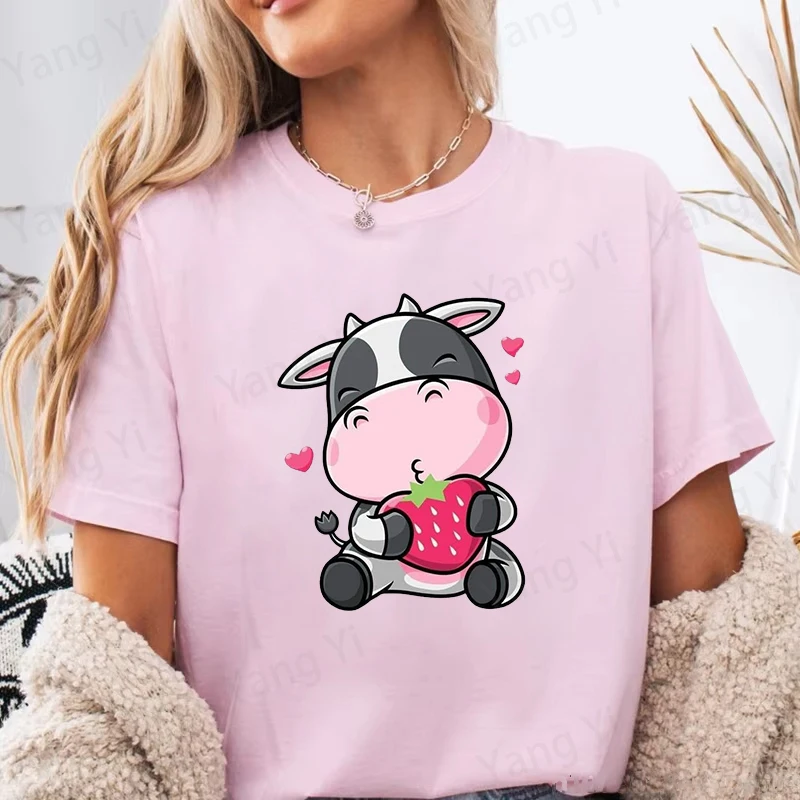 Q-version Cartoon Cow Strawberry Pattern Printed T-Shirts Women Men Short Sleeve Funny Round Neck Tee Shirt Casual Summer Tops