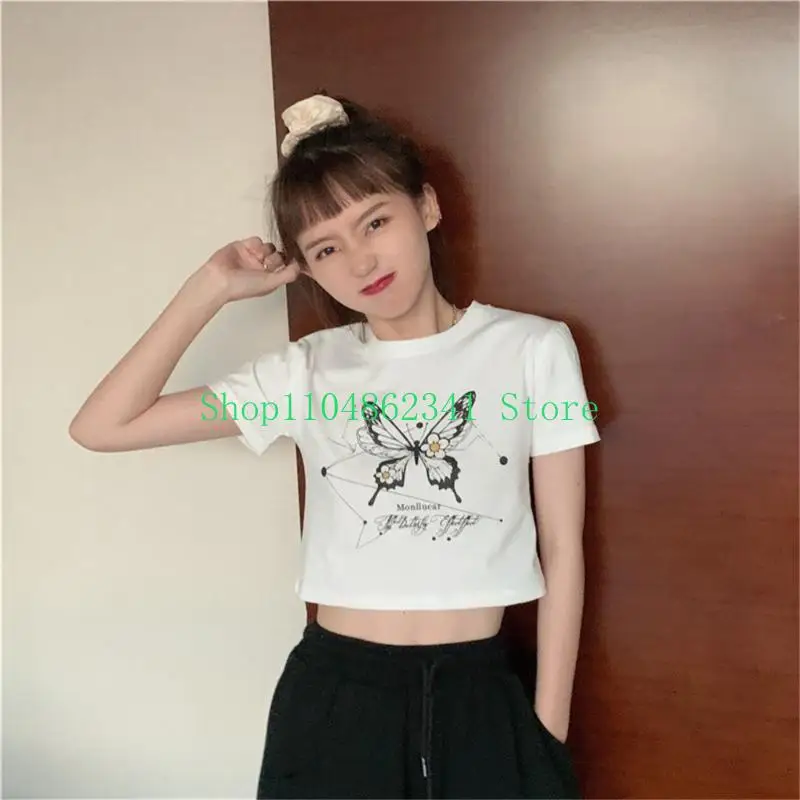 

5asd Cropped T-Shirt Harajuku Butterfly Graphics Printed Summer Pullover Crop Top
