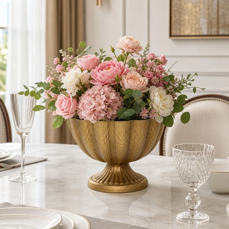 Luxury Gold Retro Flower Vase, Wide - Mouth Decorative Pot for Living/Dining Room, Multi - Use Candle Holder, Vintage Home Decor