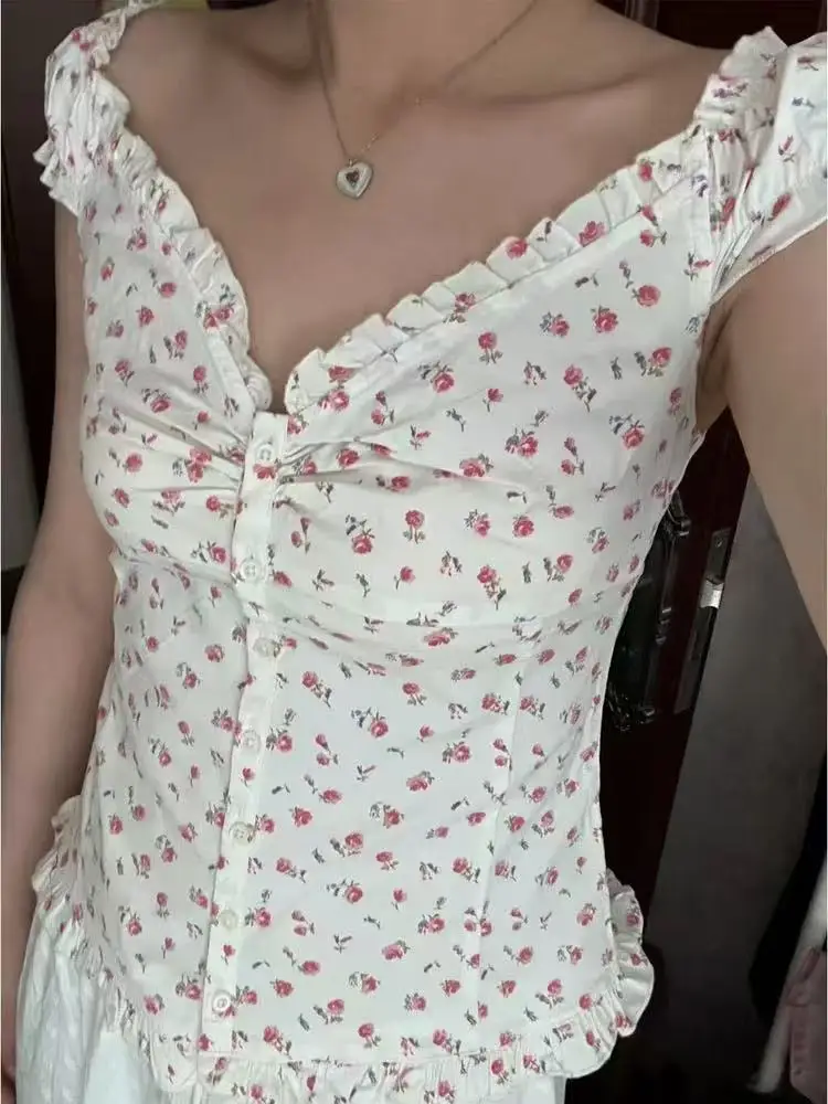 

Роза с цветочным принтом и рюшами, блузка, топ, женский летний новый хлопковый однобортный жилет без рукавов, милые милые футболки в консервативном стиле Y2K
