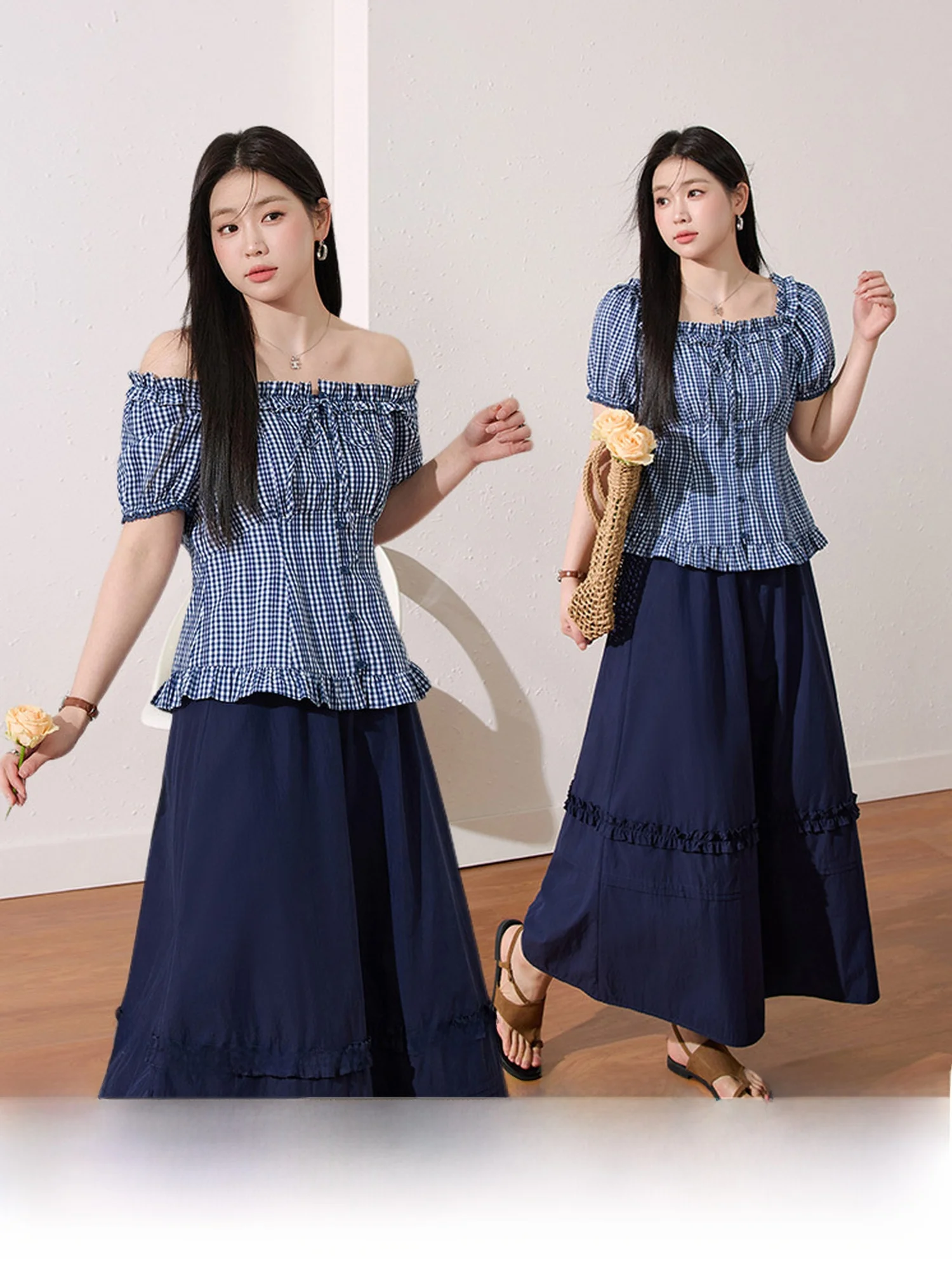 

Blue Language Plaid irt And Skirt Set Slimming High Waist A-Line Summer Faion plus Size Two-Way Wear Bubble Sve Commute