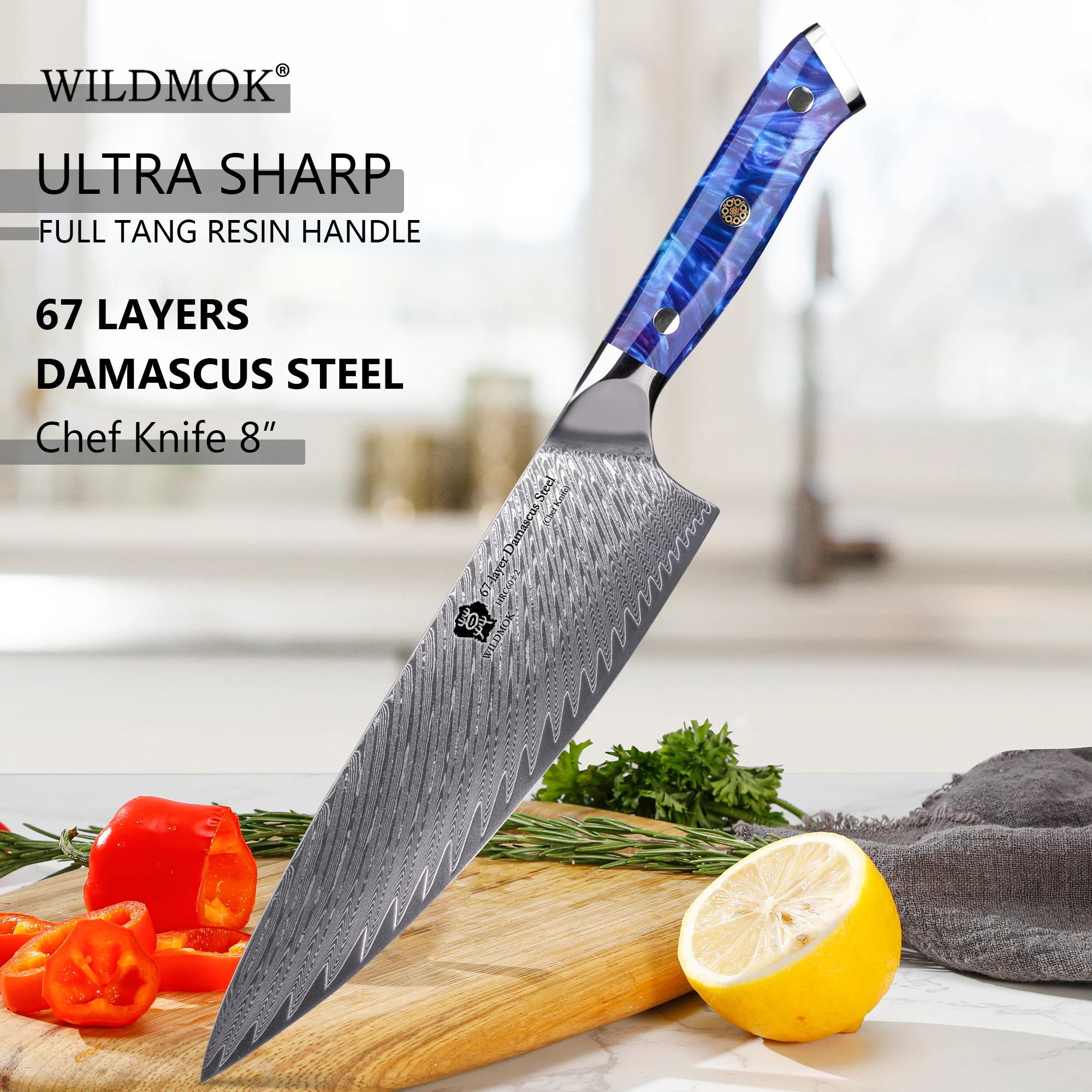 WILDMOK Damascus VG10 Steel 8 Inch Chef Knife Resin Handle,Multipurpose Kitchen Slicing Knife for Meat Vegetable Cooking