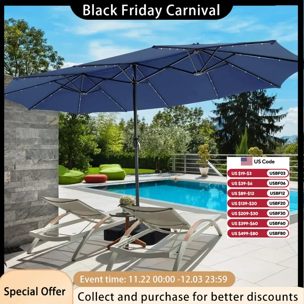 15FT Double-Sided Patio Umbrella with Solar Lights, Extra-Large Umbrella W/ 48 LED Lights & Auto-Charging Solar Panel