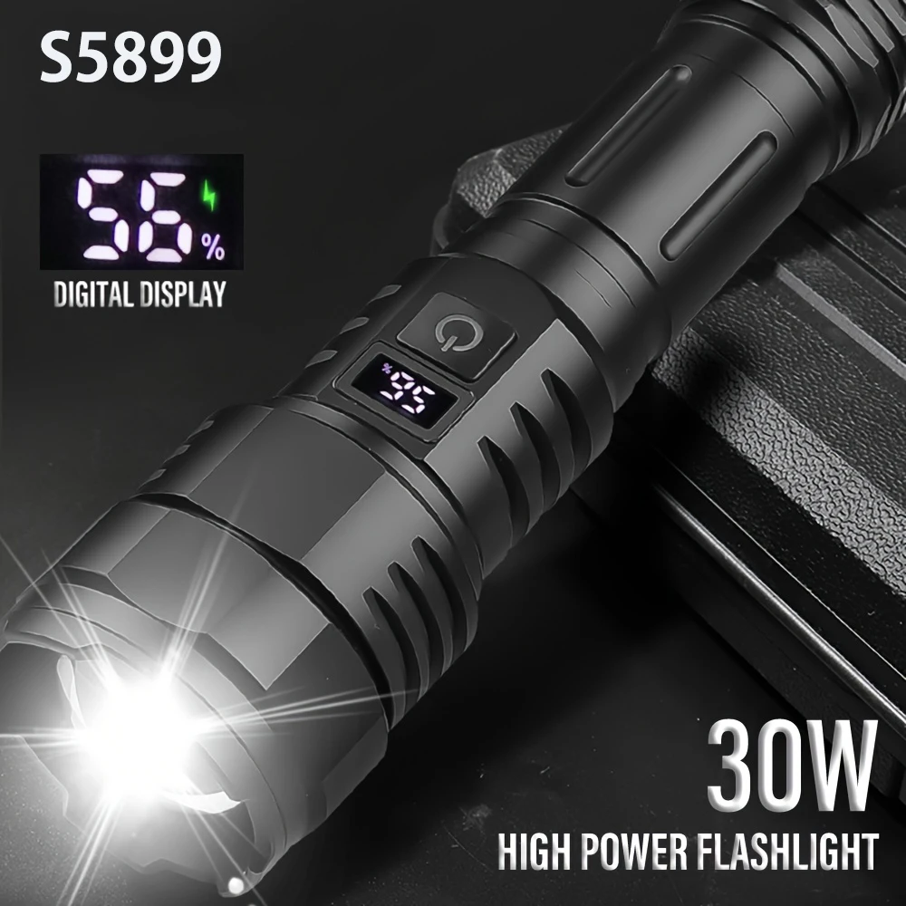 

30W High Power LED Flashlight USB Rechargeable 5 Lighting Modes Torch With Power Display Screen For Camping Fishing Hiking