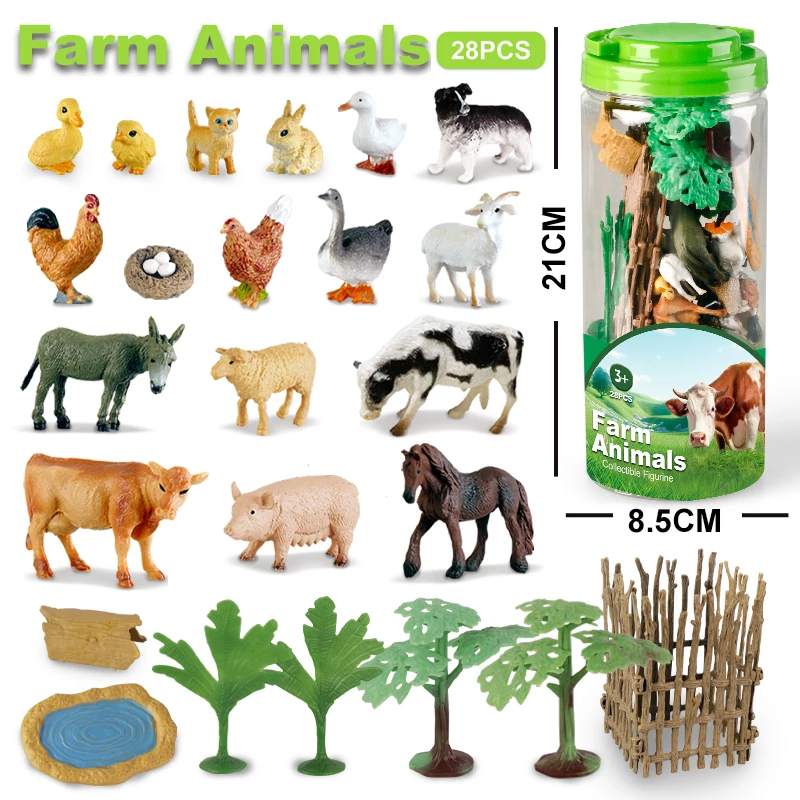 28Pcs Simulation Farm Poultry Animal Model Horse Cow Dog Duck Sheep Cat Pig Action Figures Mini Figurines Education Kids Toys