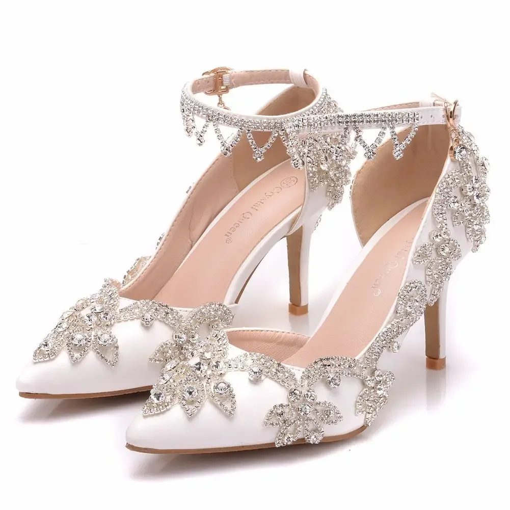 Women Summer Shoes New Women Pumps Sandals Rhinestone Side Air Wedding PU 8CM Thin Heeled Pointed Lovely Woman Shoe