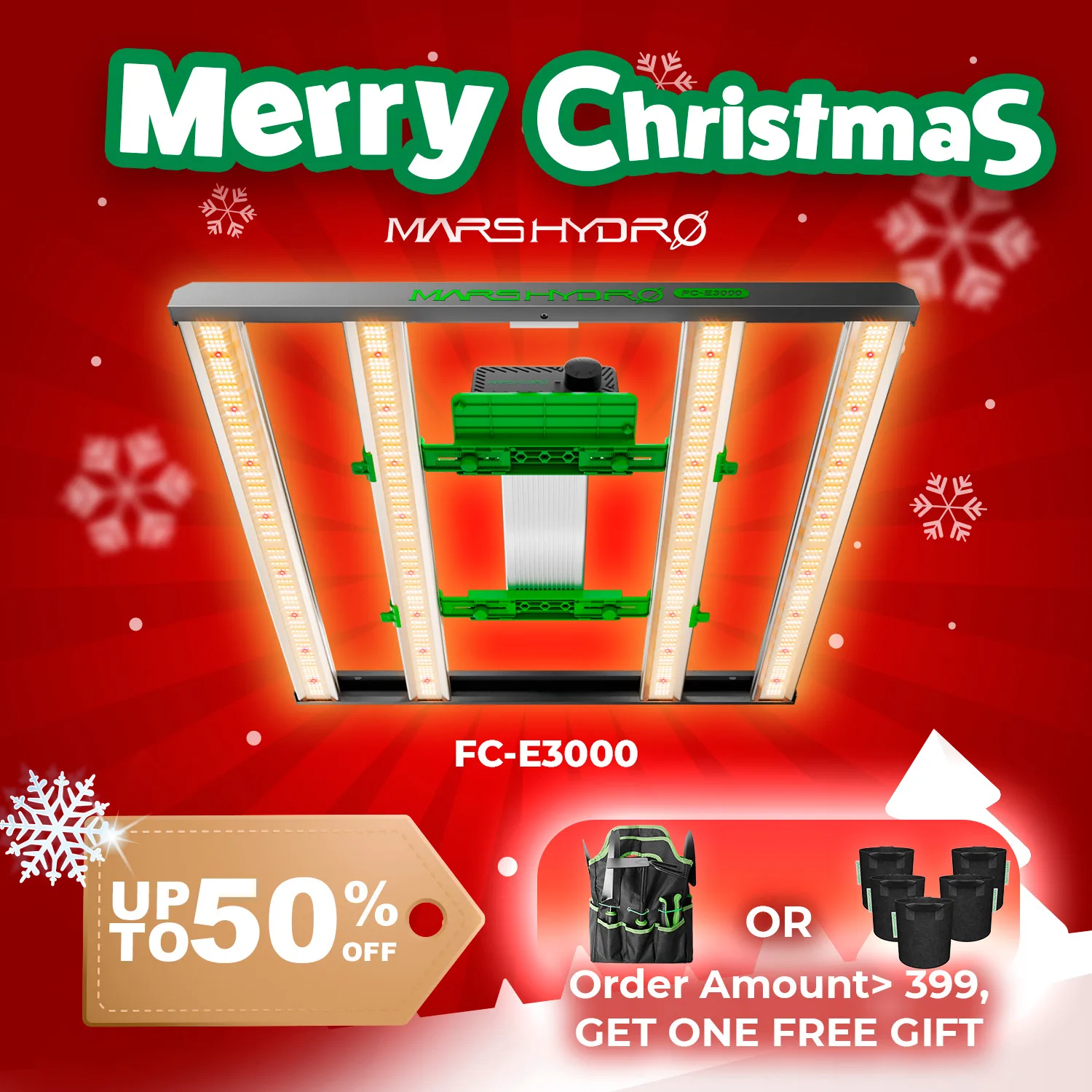 MARS HYDRO FC-E3000 Lampada da coltivazione a LED 300W Spettro completo per tenda da coltivazione da 3x3 piedi, piante da interno Veg & Bloom, illuminazione a risparmio energetico