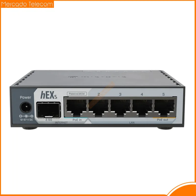 Mikrotik E60iUGS HEX S (2025) ROS wired router featuring a 2.5G SFP port 5x Gigabit Ethernet, PoE out, USB, Fast dual-core CPU