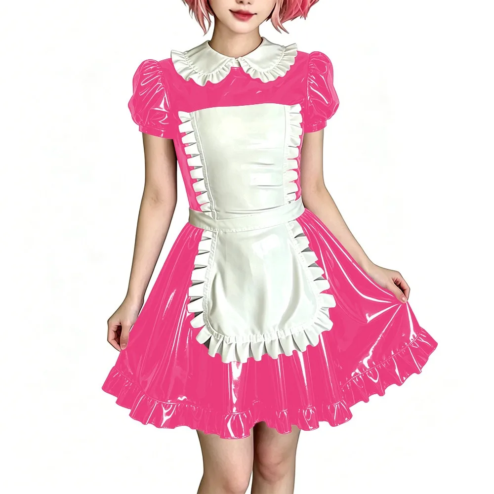 

Womens Sweet Party Vinyl Maid Uniform Shiny PVC Puff Sleeve Peter Pan Collar Mini Dress with Apron Halloween Cosplay Costume 7XL